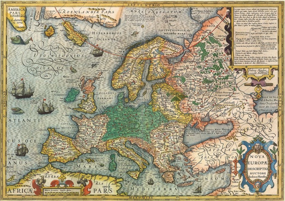 An antique 17th-century style map of Europe showing historical geography, seas, and sailing ships.