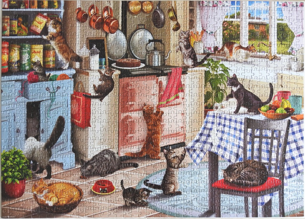 An illustration of a chaotic country kitchen filled with many playful cats.