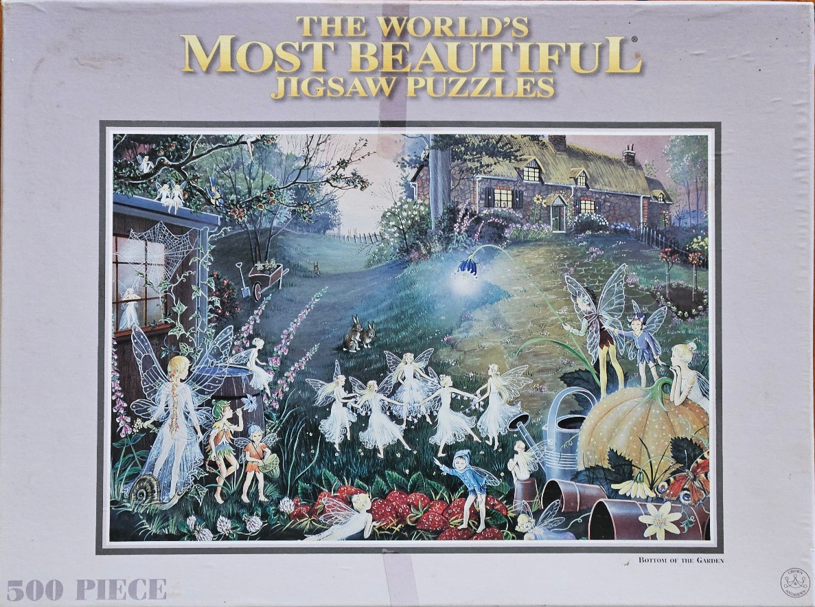 An illustration of fairies playing in a garden at twilight in front of a stone cottage.