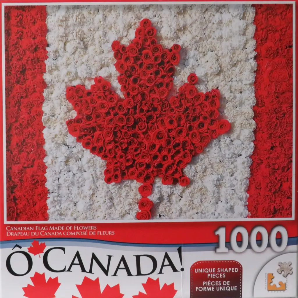 The Canadian flag depicted as a mosaic of red and white flowers.