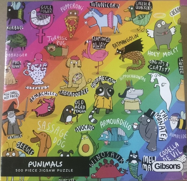 A collection of cartoon puns featuring animals on a rainbow-striped background.