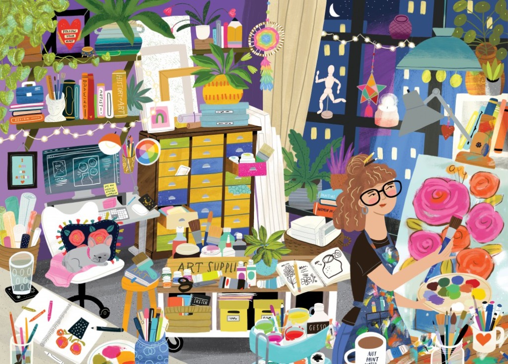 A cozy, vibrant art studio filled with supplies, plants, and a painter working on a floral canvas at night.