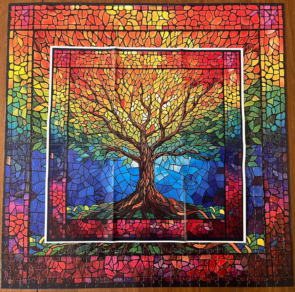 A vibrant stained glass style image of a tree transitioning from blue roots to a rainbow-colored canopy.
