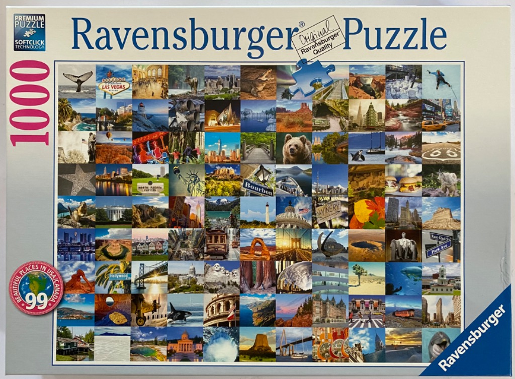 A collage of 99 individual photographs showcasing various landscapes, cityscapes, and landmarks across the USA and Canada.