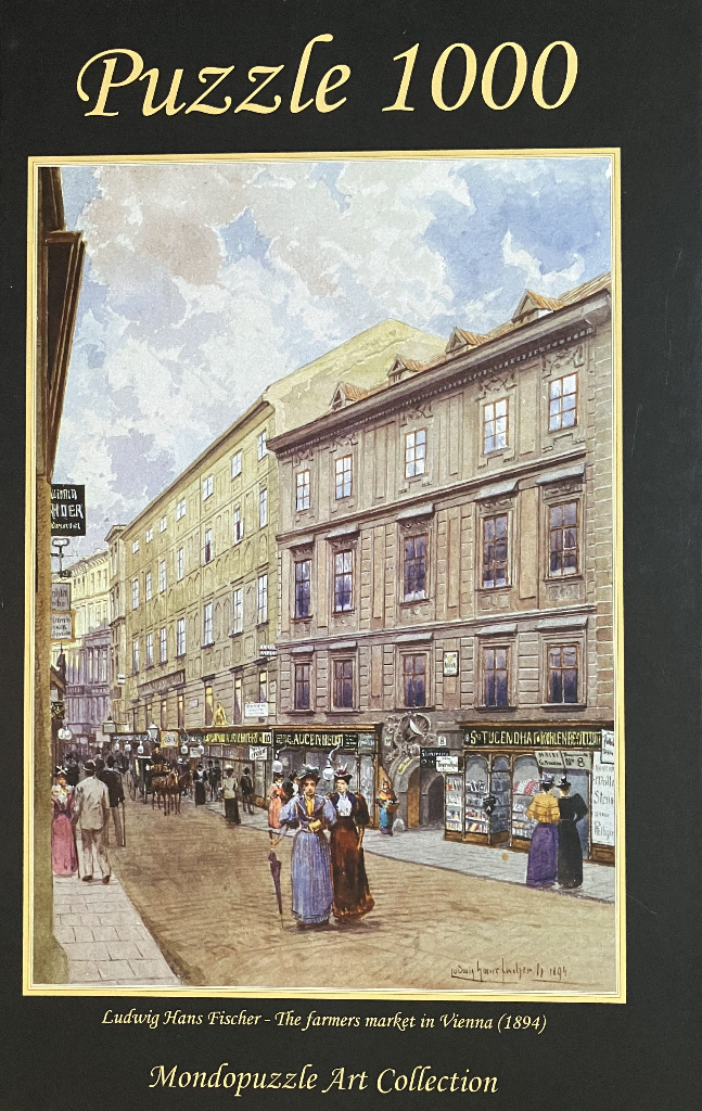 Watercolor painting of a 19th-century Vienna street scene with pedestrians and historic architecture.