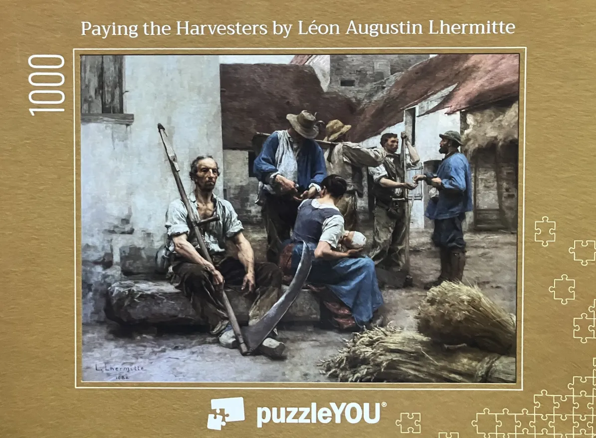 Oil painting titled Paying the Harvesters by Léon Augustin Lhermitte depicting a group of 19th-century farm workers.