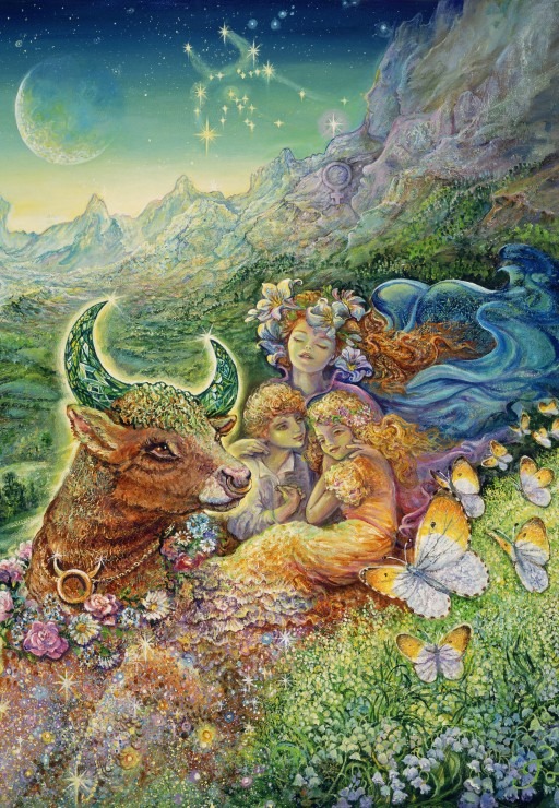 A mystical scene featuring a bull with glowing horns, a family, and butterflies in a mountainous landscape under a starry sky