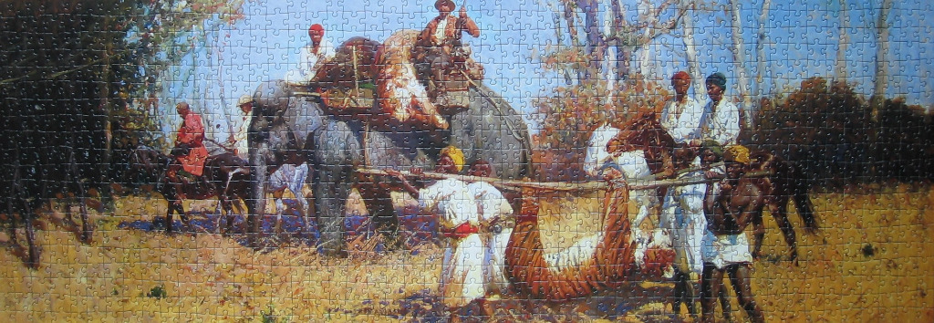 An oil painting of a hunting party with an elephant and figures in a woodland clearing.