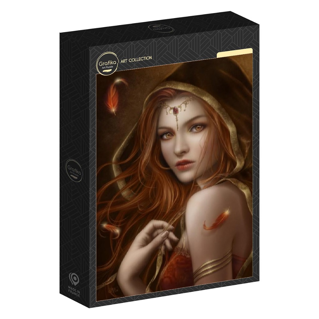 Digital fantasy portrait of a red-haired woman wearing a gold-trimmed hood and jewelry.