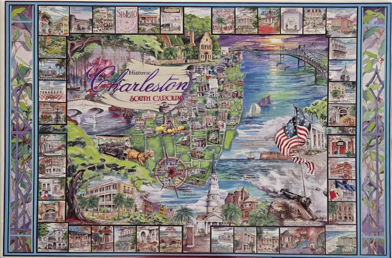An illustrated map of Historic Charleston, South Carolina, surrounded by a border of individual landmark vignettes.