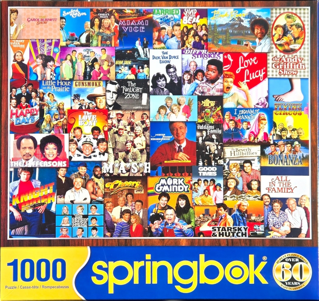 A collage of classic American television show posters and cast photos.