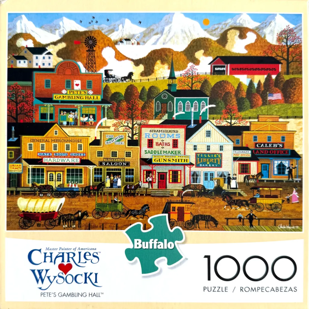 Illustration of an old-fashioned American Western town street with horse-drawn carriages and snow-capped mountains.