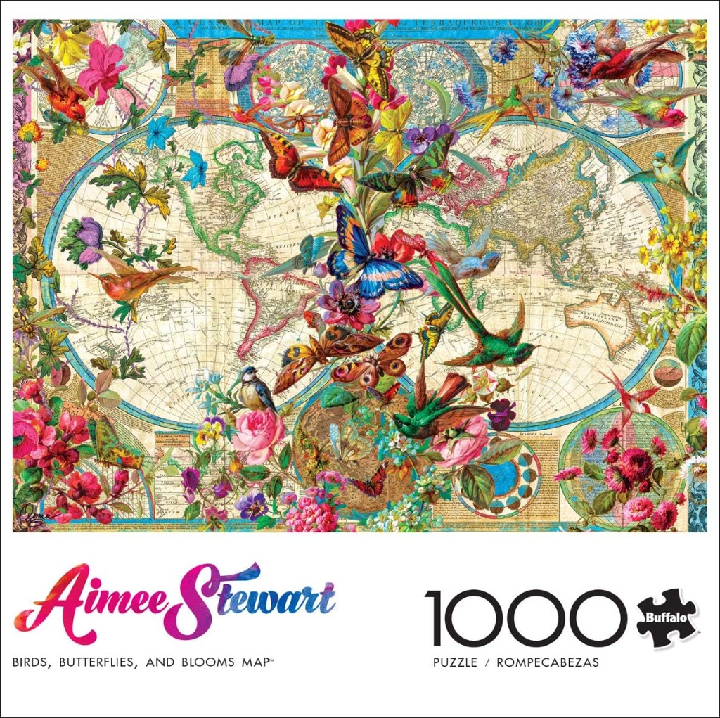 A vintage world map layered with vibrant colorful butterflies, hummingbirds, and assorted blooming flowers.