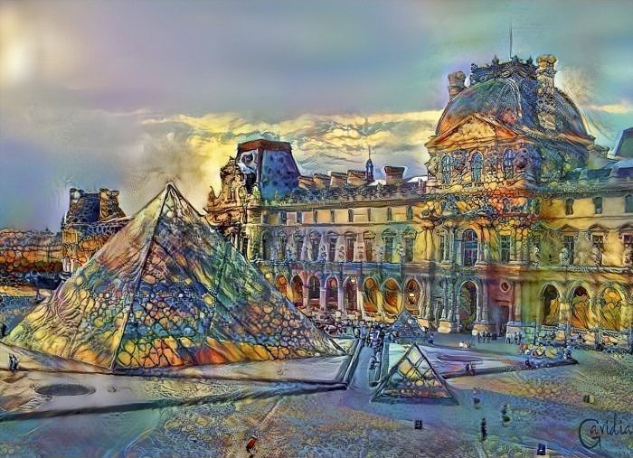The Louvre museum exterior with the glass pyramid, rendered in a colorful, dreamlike, and painterly artistic style.