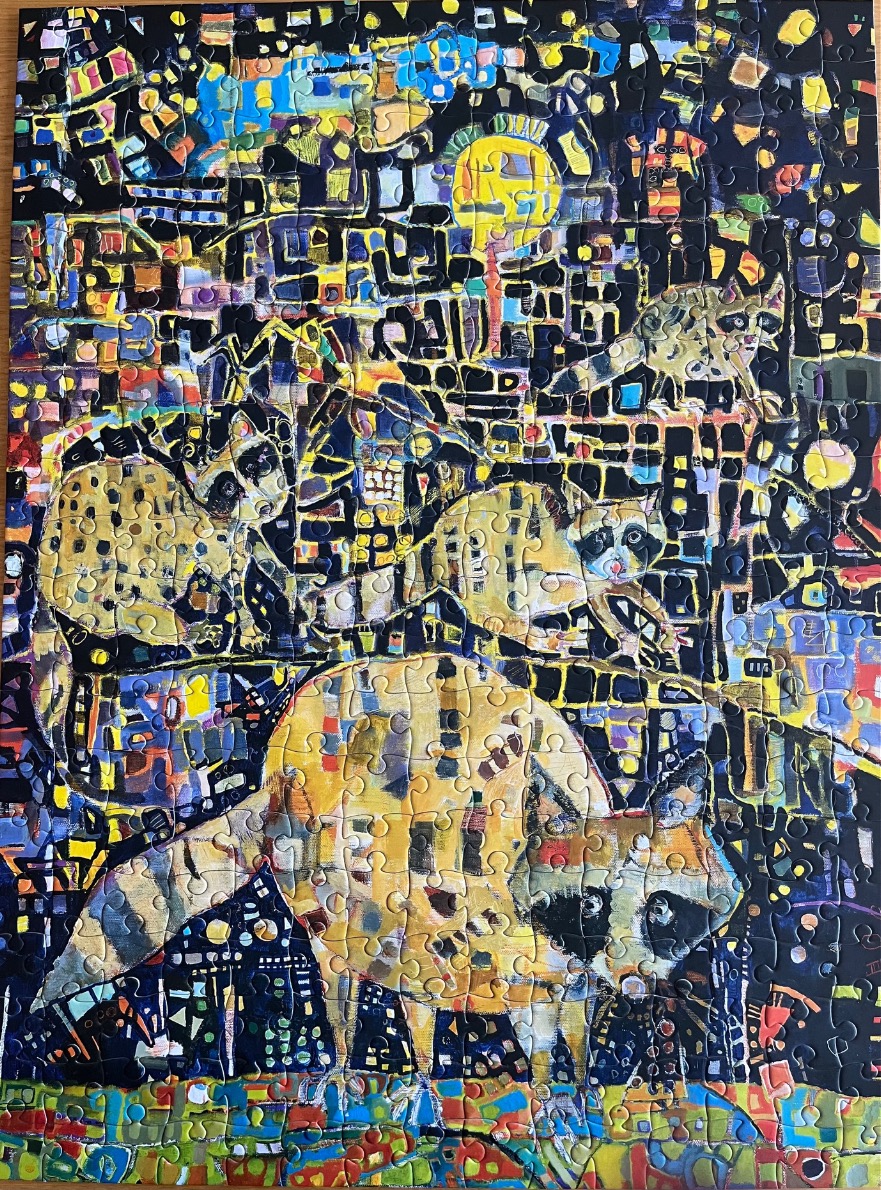 An abstract painting of three raccoons layered over a geometric, dark cityscape with vibrant yellow and blue accents.