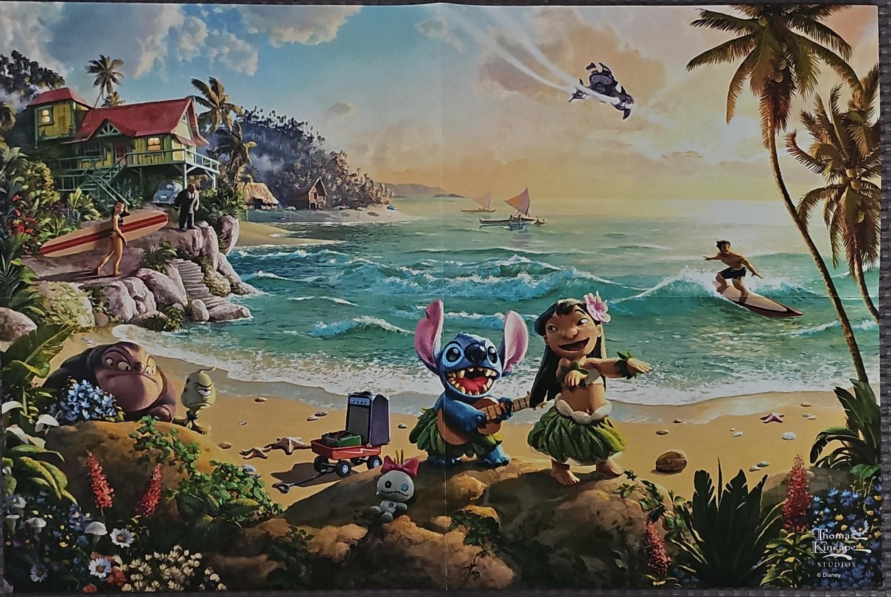 Lilo and Stitch playing music on a sunny Hawaiian beach