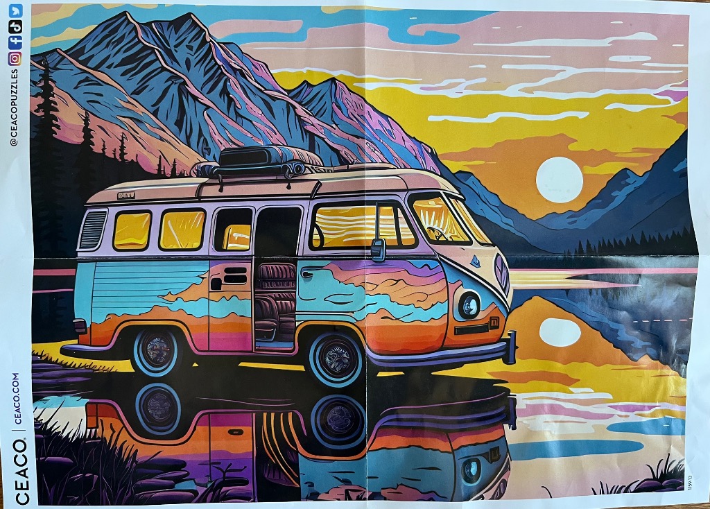 A stylized illustration of a vintage camper van parked by a lake at sunset with mountains in the background.