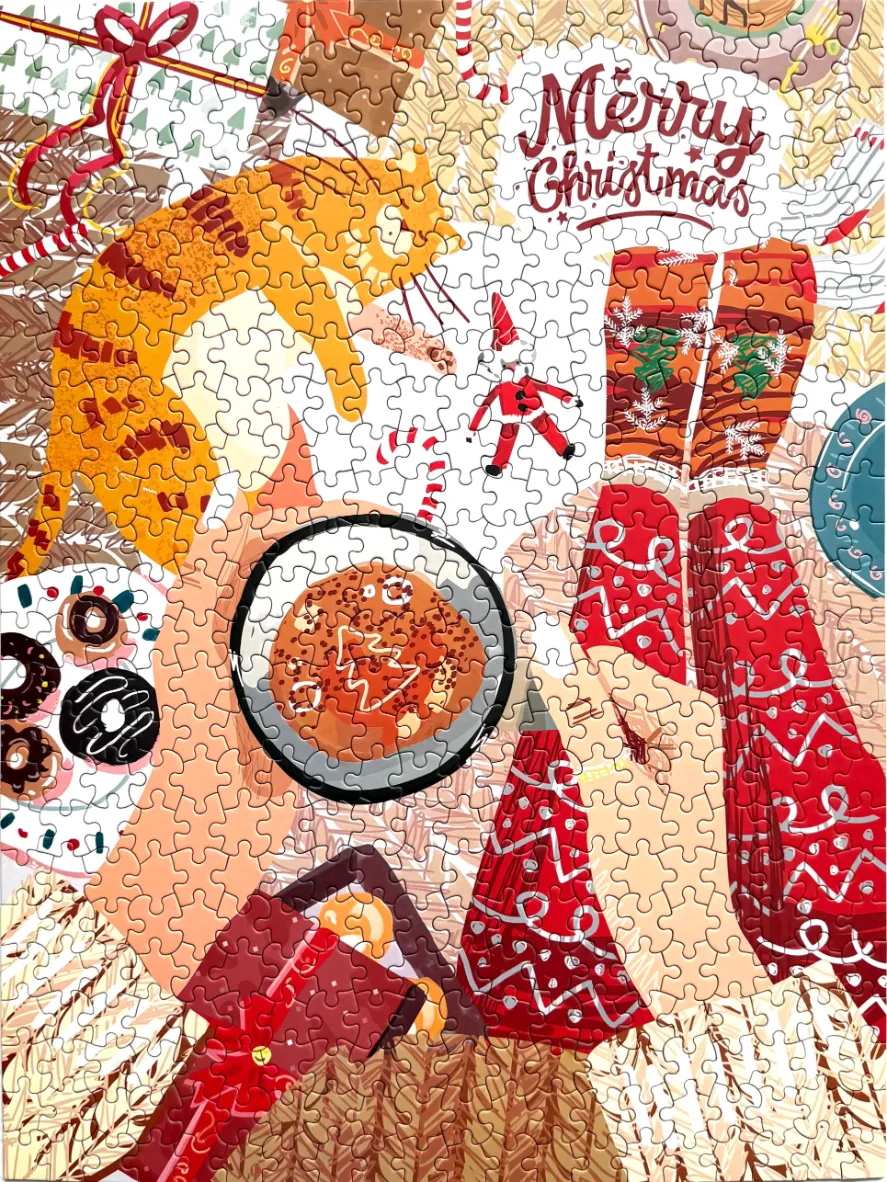 A cozy overhead Christmas scene featuring a cat, hot cocoa, gifts, and holiday stockings.
