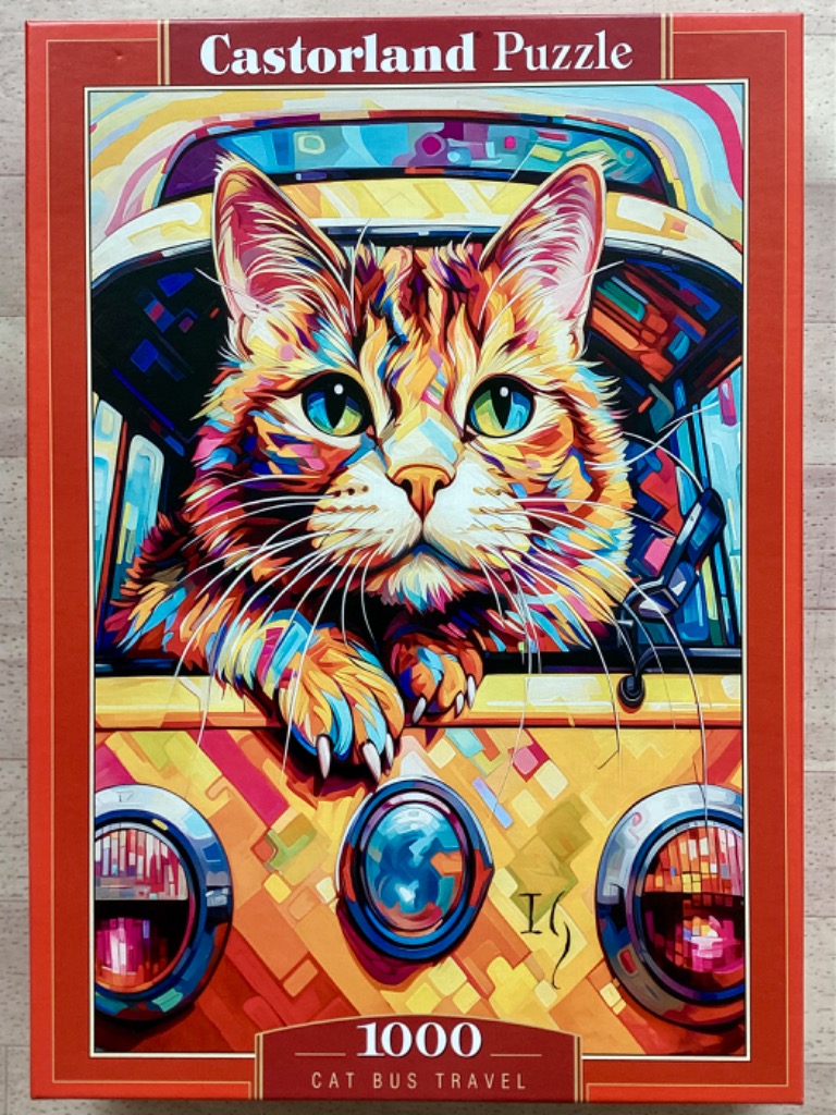 An artistic, vibrant illustration of a tabby cat looking out of the window of a yellow van.