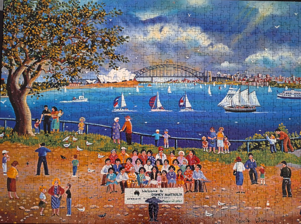 Painting of a bustling Sydney harbor scene featuring the Opera House and Harbour Bridge with people in the foreground.