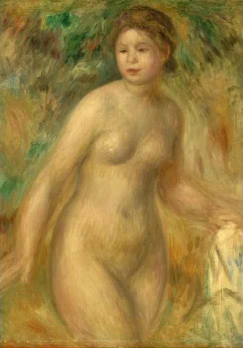 An impressionist painting of a nude woman standing in a soft, hazy outdoor setting.