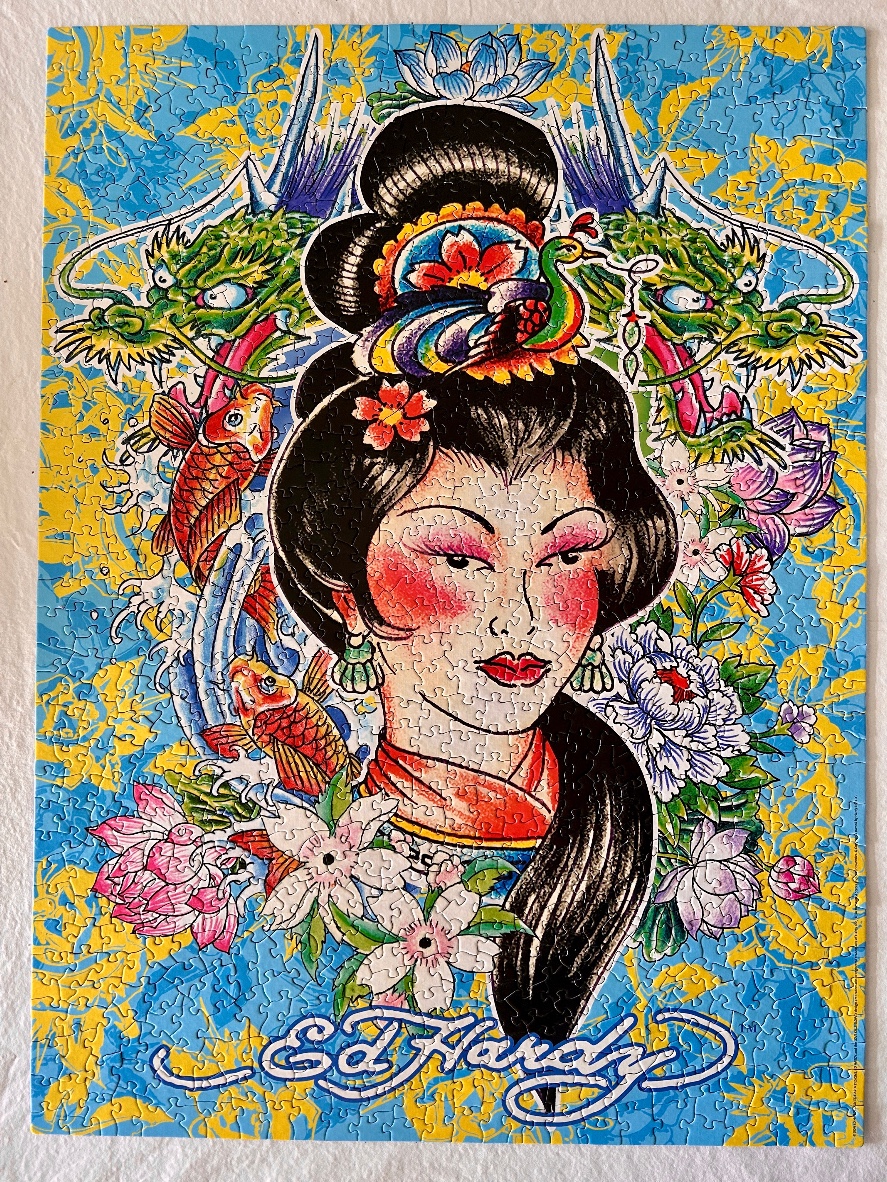 An illustration in a neo-traditional tattoo style featuring a geisha portrait surrounded by dragons, koi, and lotus flowers.