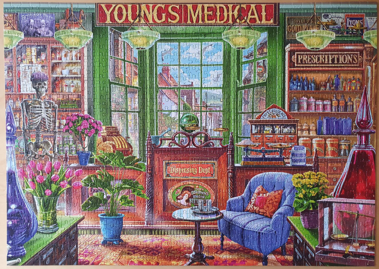 An illustration of the interior of a Victorian-era apothecary shop called Youngs Medical.