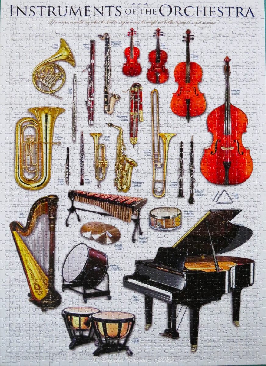 An educational chart displaying various musical instruments of the orchestra on a light background.
