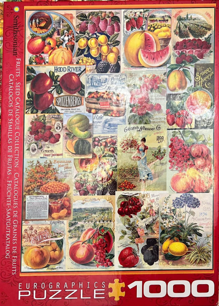 A collage of vintage botanical fruit and seed catalog illustrations from the late 19th century.