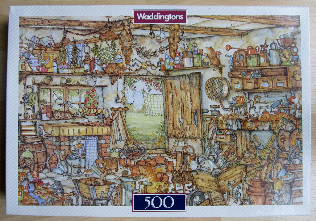 Illustration of a cluttered, cozy garden shed filled with tools and several cats