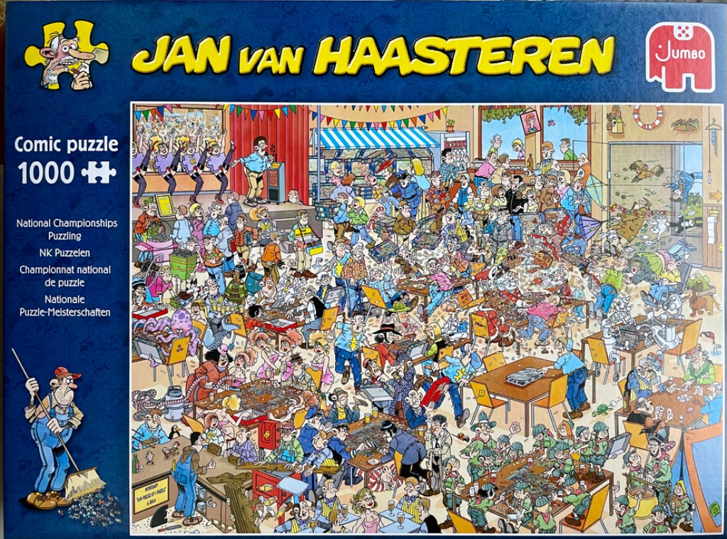 Cartoon illustration of a chaotic National Puzzling Championship featuring dozens of characters and humorous mishaps.