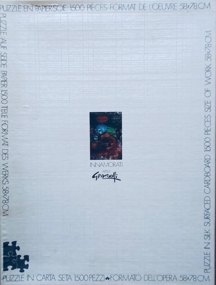 A small, dark, abstract painting titled Innamorati by G. Pandolli centered on a white, grid-textured background.