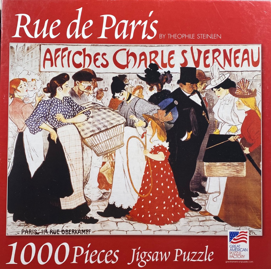 An illustration of a bustling Paris street scene featuring people in late 19th-century period clothing.