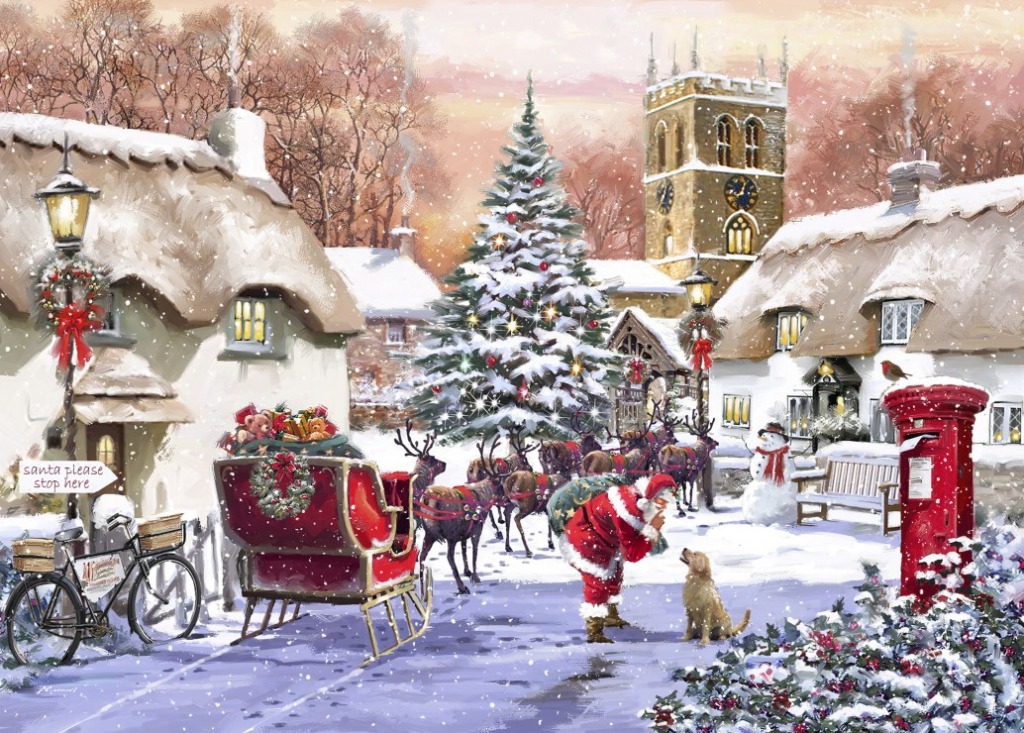 Santa Claus interacting with a golden retriever in a snow-covered village square with a sleigh, reindeer, and cottages.