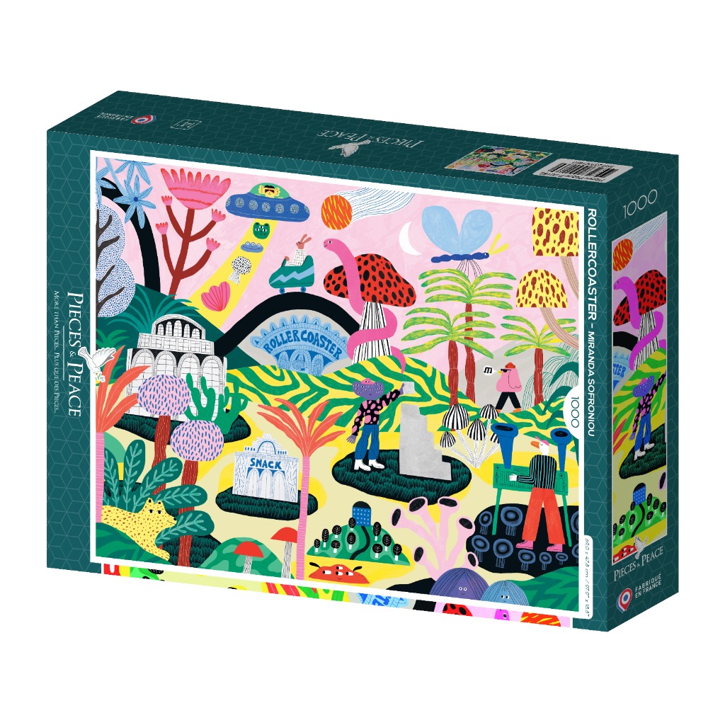 Whimsical, colorful illustration of a surreal amusement park with people, fantasy plants, and a UFO.