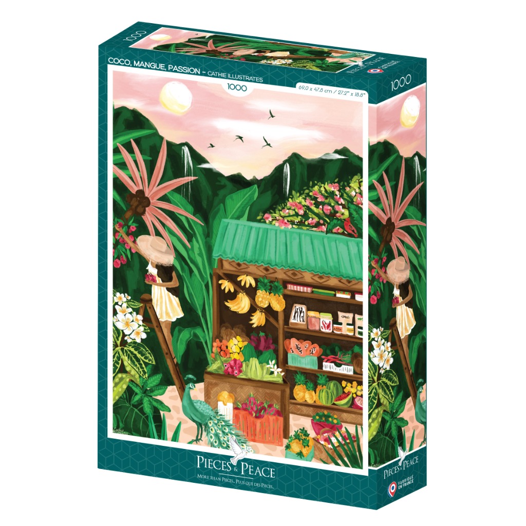 An illustration of a tropical fruit stand with a woman on a ladder harvesting fruit beneath lush mountains.