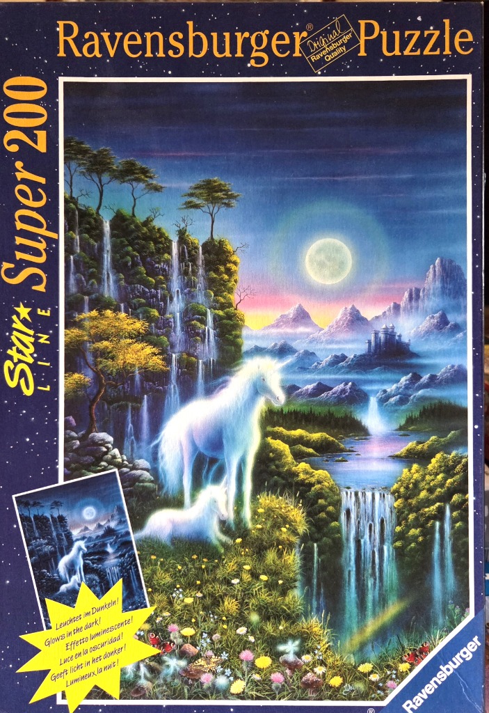 Fantasy illustration of two white unicorns standing near a waterfall in a glowing moonlit landscape.