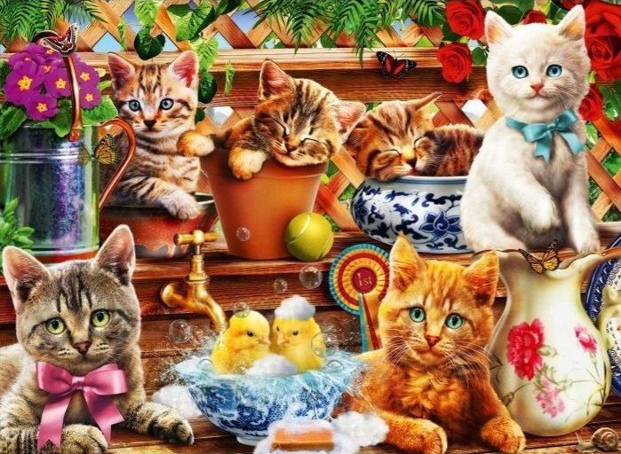 A group of diverse kittens interacting with garden decor, potted plants, and two small yellow chicks.