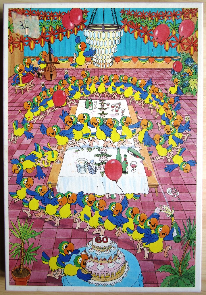 A festive, cartoon illustration of dozens of yellow and blue parrots celebrating a 60th birthday party.