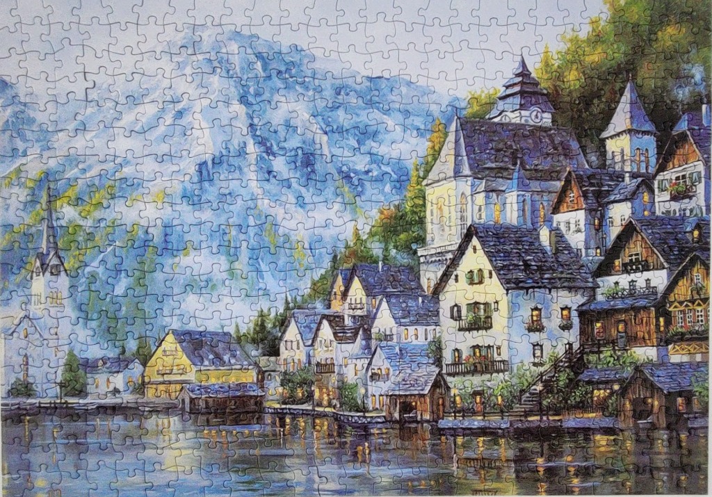 An oil painting style illustration of a European lakeside village nestled at the foot of a large, snow-capped mountain.