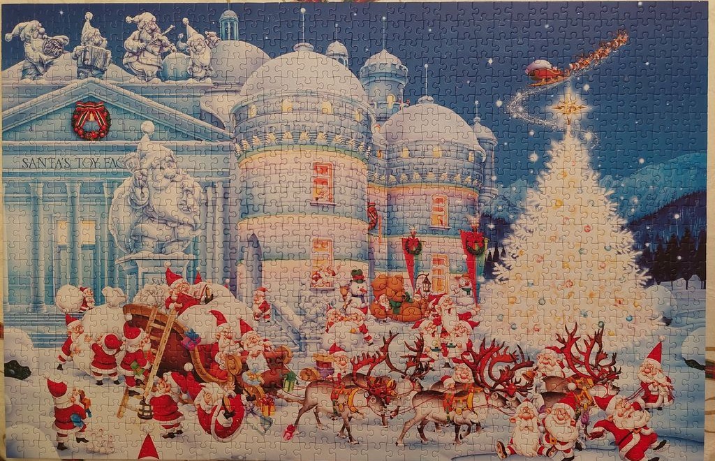 A whimsical Christmas scene outside Santa’s Toy Factory with elves, reindeer, and a large glowing tree.