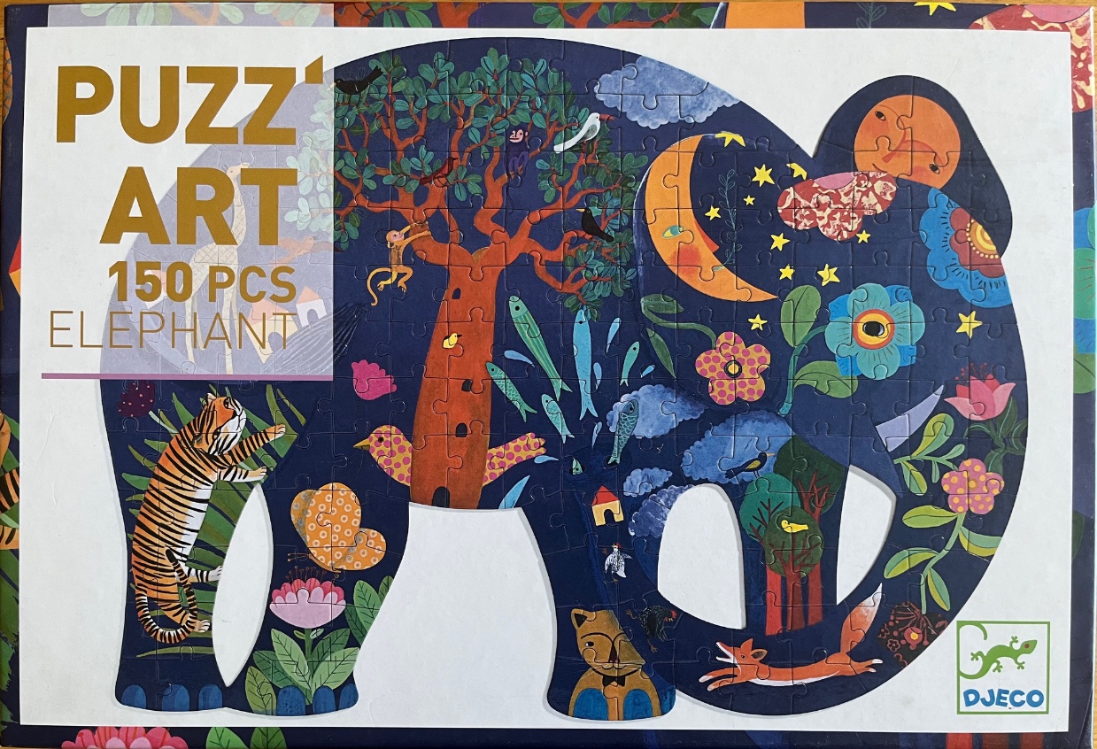 An illustration of a large elephant silhouette filled with colorful jungle and night-time whimsical scenes.
