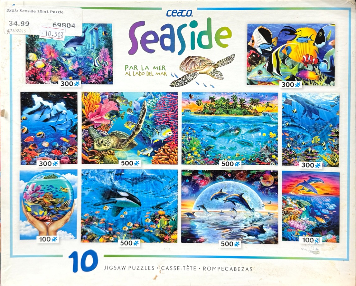 A collection of ten marine-themed illustrations featuring dolphins, coral reefs, and tropical fish.