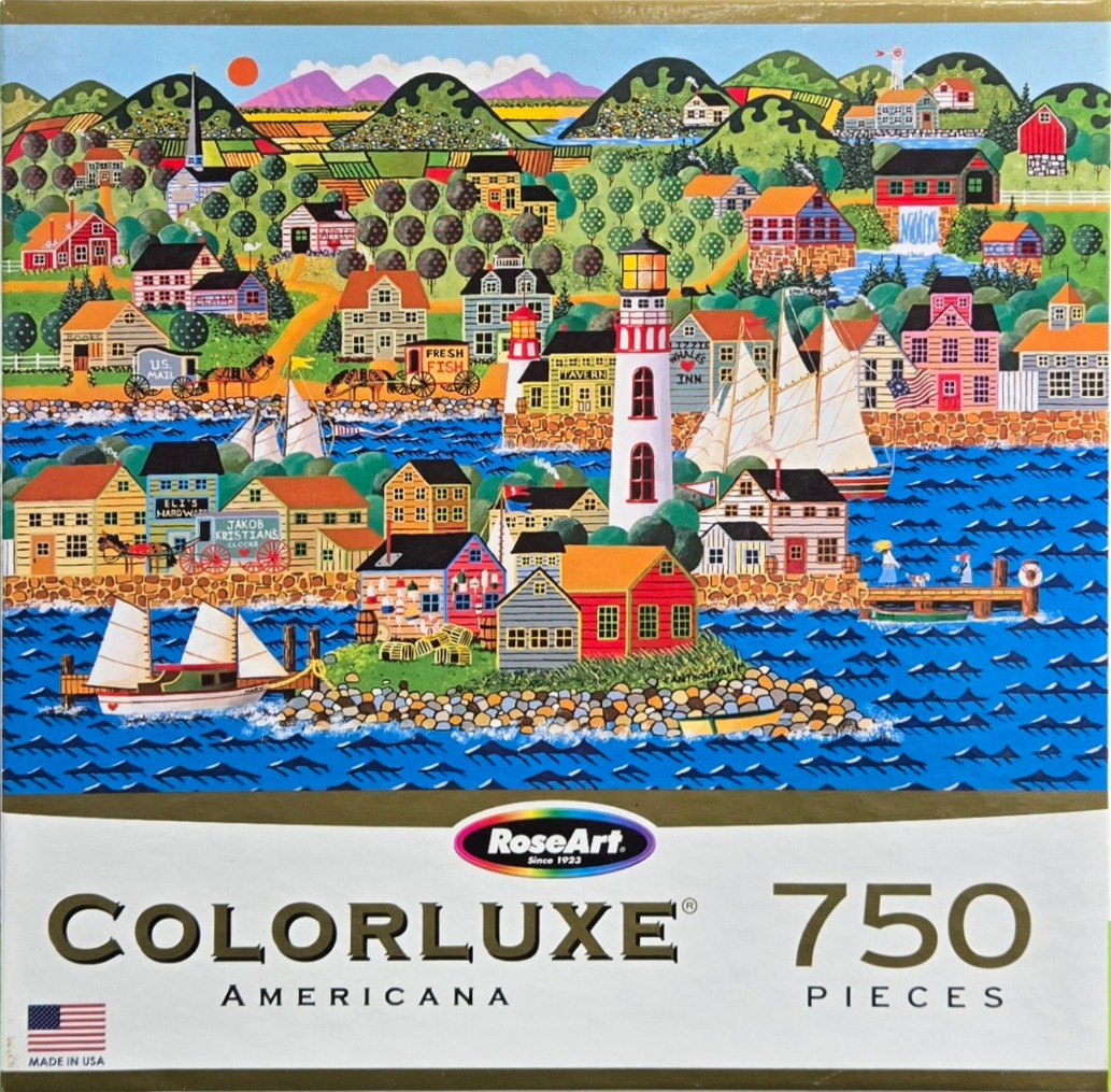 Folk art painting of a coastal town featuring a lighthouse, sailboats, and a rolling landscape.