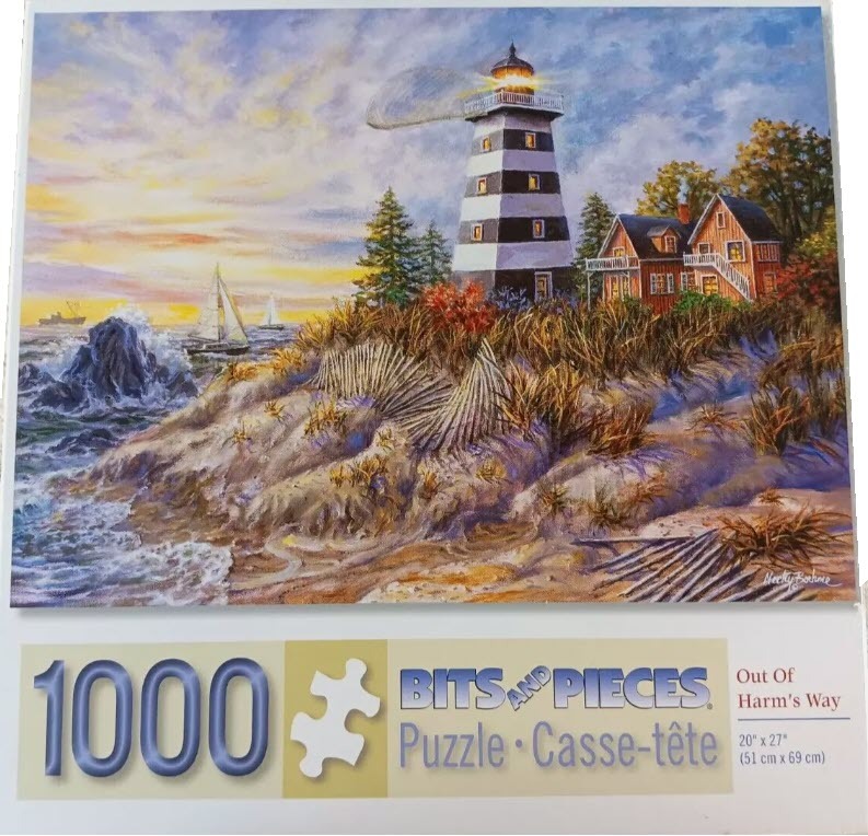 An oil painting of a black and white lighthouse on a coastal dune at sunset with sailboats on the horizon.