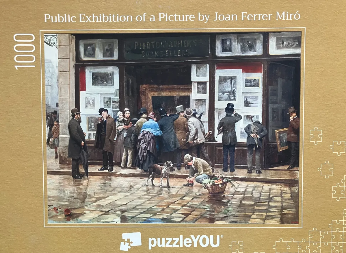 A 19th-century street scene painting depicting people gathered to view an artwork in a shop window.