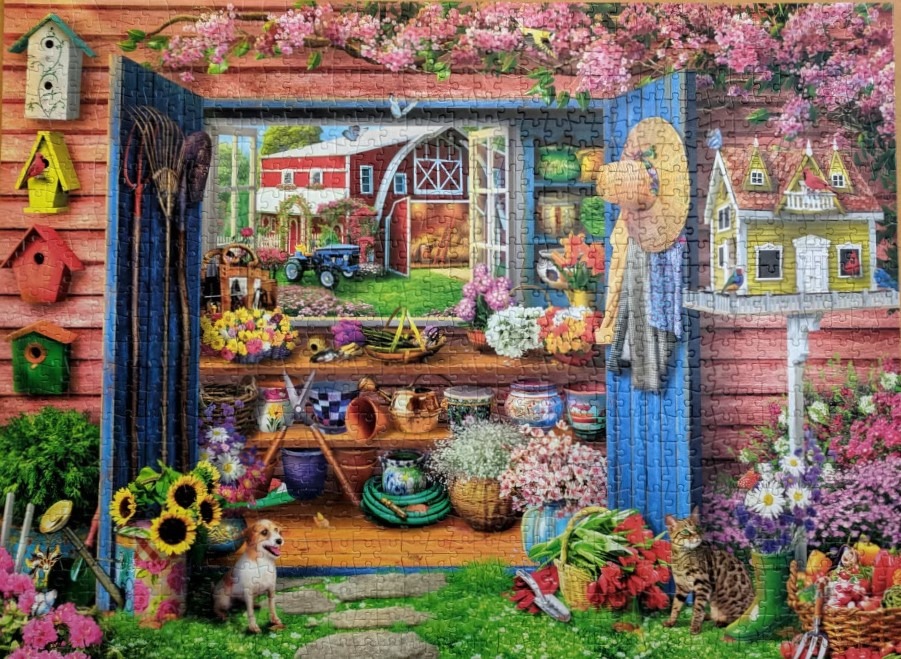 A shed with open doors showing a farm scene, surrounded by flowers, birds, and a dog and cat in a garden.