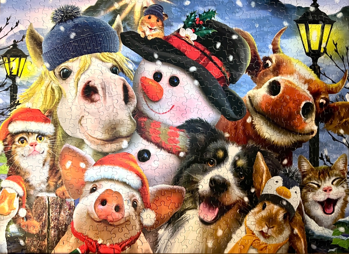 An illustration of various farm animals and a snowman wearing winter clothing in a snowy evening setting.
