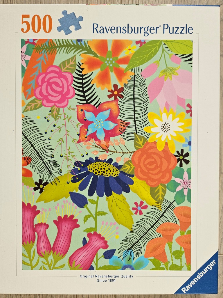 A vibrant, flat-style digital illustration of a dense garden of stylized, colorful flowers and fern fronds.