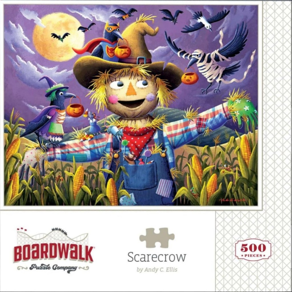 A whimsical illustration of a friendly scarecrow in a cornfield under a full moon, surrounded by costumed crows.
